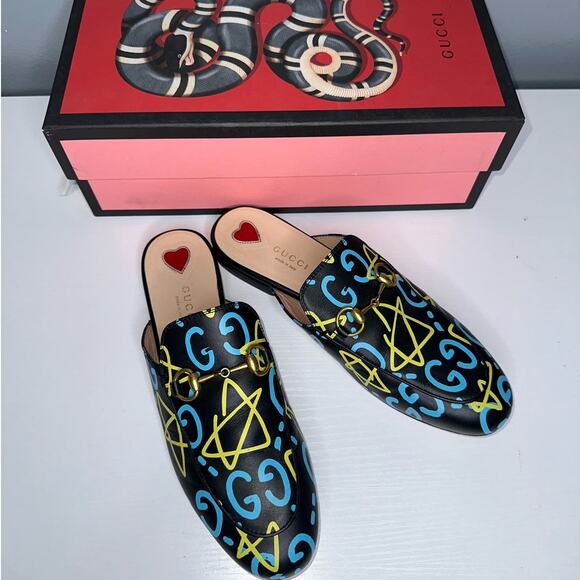 Gucci Horse Bit Princetown Mules in Graffiti/Ghost Print Size EU 37 Blue/Yellow - Picture 2 of 7
